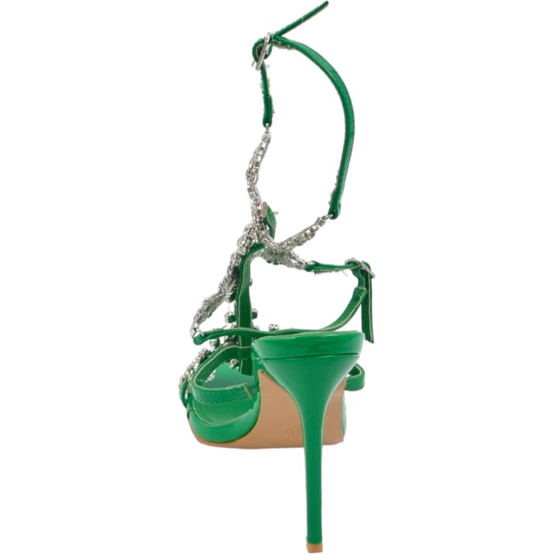 Malu Shoes Sandalo gioiello donna con tacco 12 verde inserti di strass luccicanti cinturino alla caviglia effetto piede nudo moda