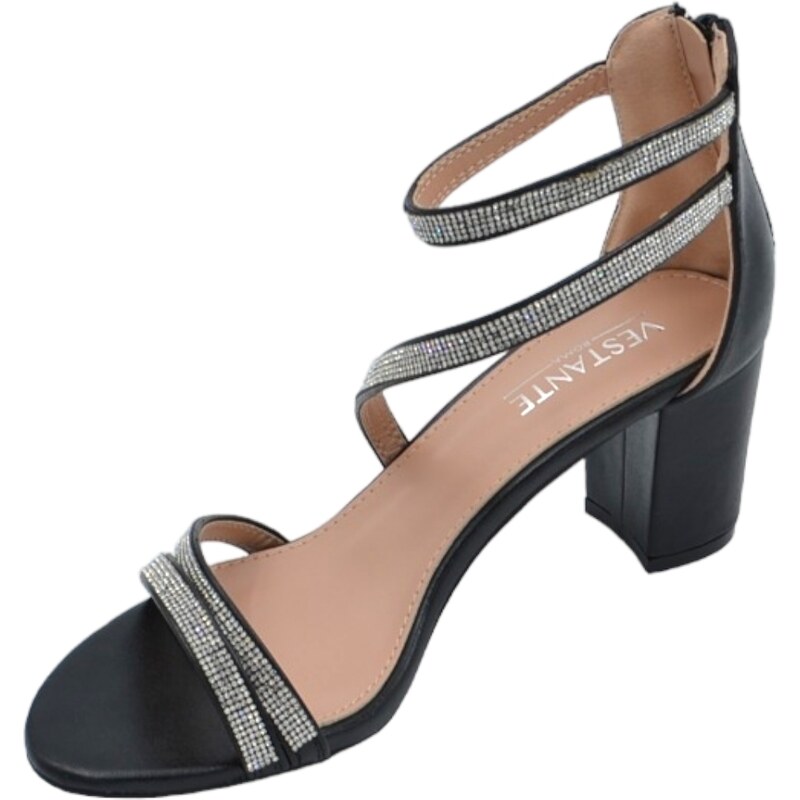 Malu Shoes Scarpe sandalo donna nero pelle con fasce a incrocio strass e chiusura con zip retro tacco largo comodo 5cm