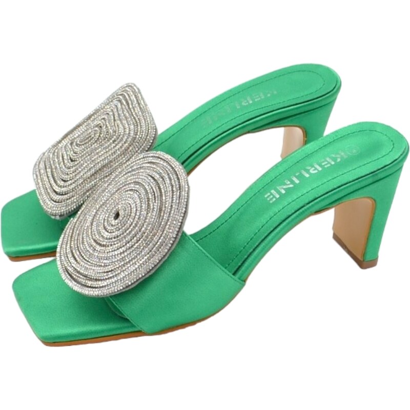 Malu Shoes Sandali donna tacco in raso verde tacco doppio 7 cm open toe disegno gioiello geometrico asimmetrico tondo quadrato