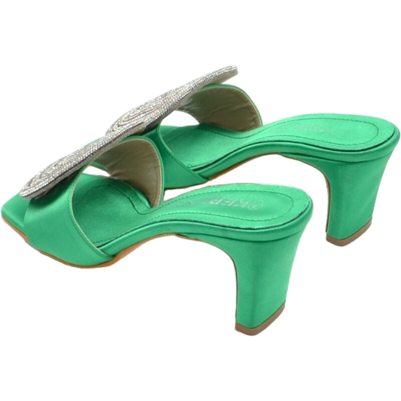 Malu Shoes Sandali donna tacco in raso verde tacco doppio 7 cm open toe disegno gioiello geometrico asimmetrico tondo quadrato