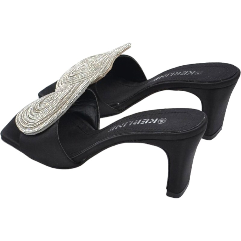 Malu Shoes Sandali donna tacco in raso nero tacco doppio 7 cm open toe disegno gioiello geometrico asimmetrico tondo quadrato