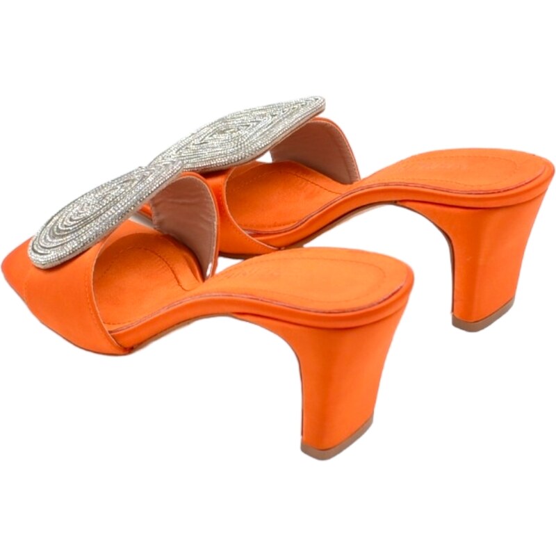 Malu Shoes Sandali donna tacco in raso arancione tacco doppio 7 cm open toe disegno gioiello geometrico asimmetrico tondo quadrato