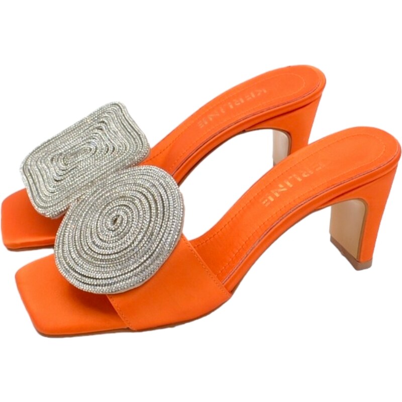 Malu Shoes Sandali donna tacco in raso arancione tacco doppio 7 cm open toe disegno gioiello geometrico asimmetrico tondo quadrato