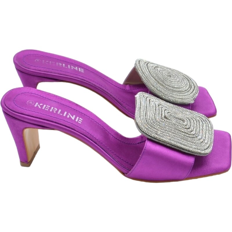 Malu Shoes Sandali donna tacco in raso viola tacco doppio 7 cm open toe disegno gioiello geometrico asimmetrico tondo quadrato