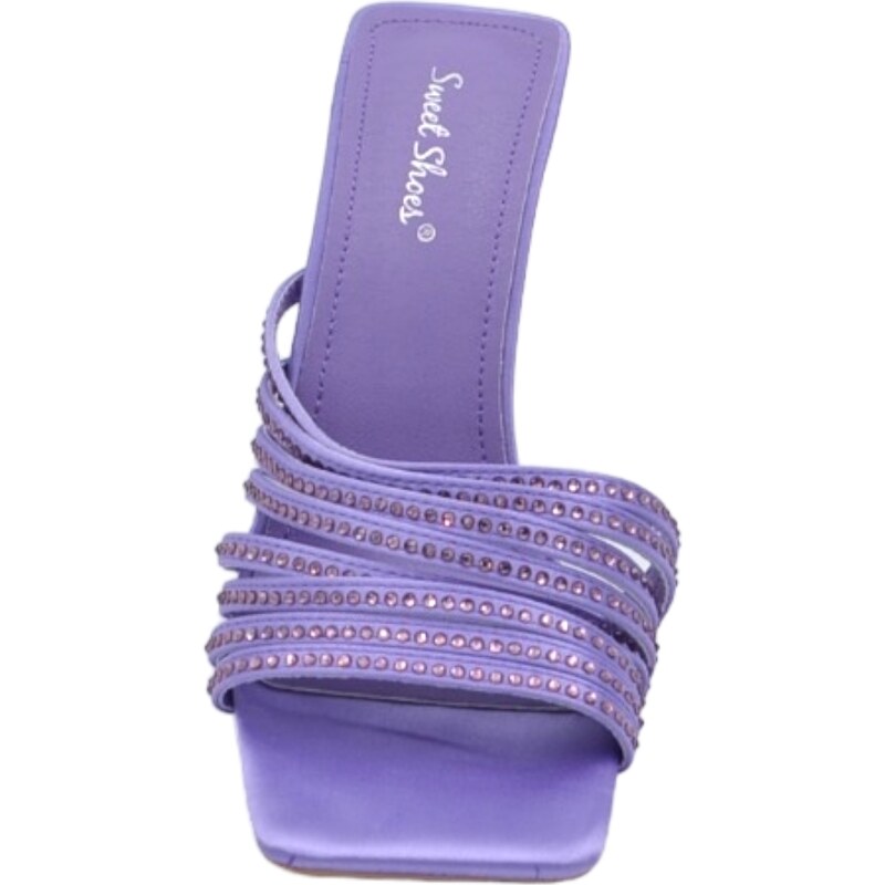 Malu Shoes Sandalo gioiello donna lilla tacco sottile 8cm in raso fasce sottili oblique con strass cerimonia evento open toe