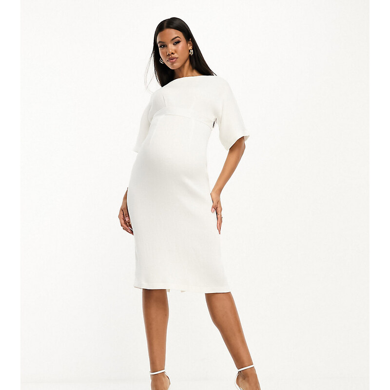 Closet London Maternity - Vestito longuette midi color crema a coste-Bianco