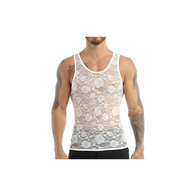 TiaoBug Sissy Canotta in Pizzo Uomo Lingerie Elastica Trasparente