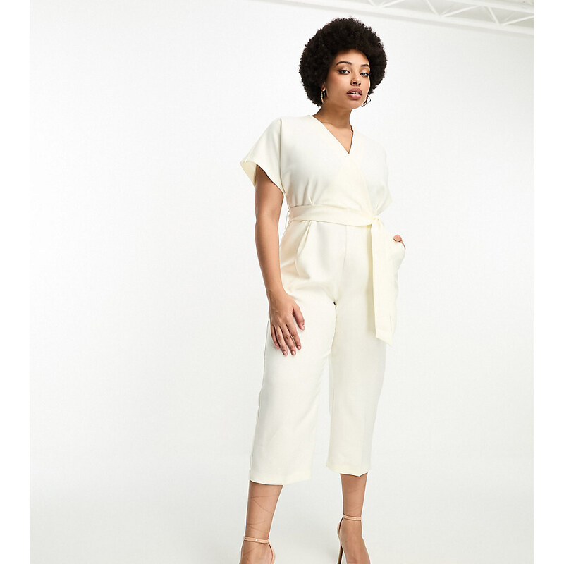 Closet London Plus - Tuta jumpsuit kimono avorio allacciata in vita-Bianco