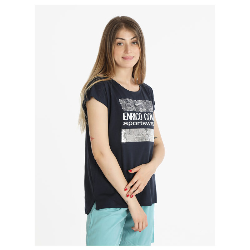 Enrico Coveri Sportswear T-shirt Manica Corta Donna Con Paillettes Blu Taglia L