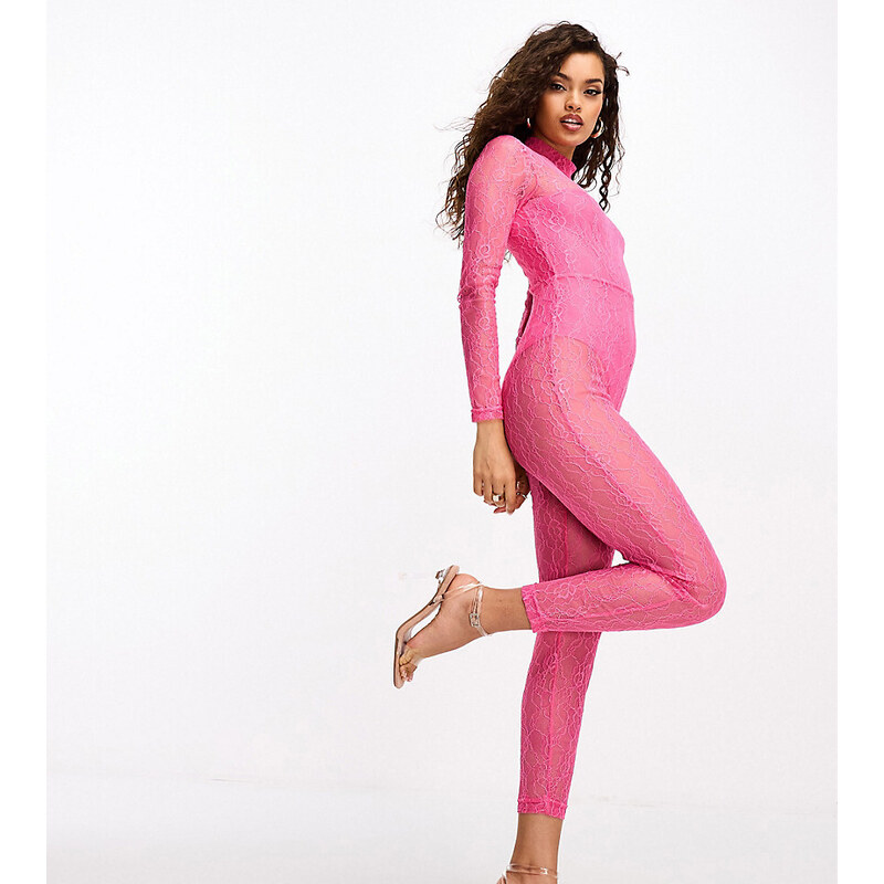 Esclusiva Collective The Label Petite - Tuta jumpsuit aderente rosa acceso elasticizzata