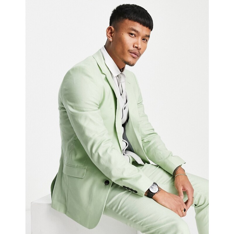 ASOS DESIGN Wedding - Blazer super skinny in misto lino verde salvia