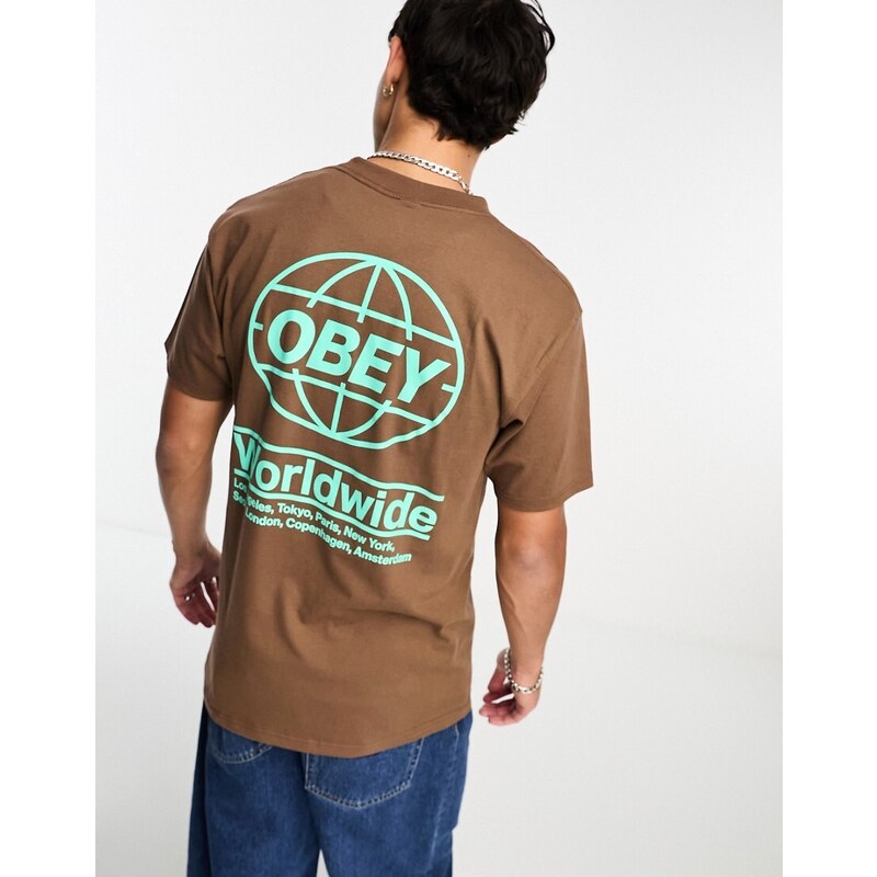 Obey - T-shirt marrone con stampa "Global" sul retro-Brown