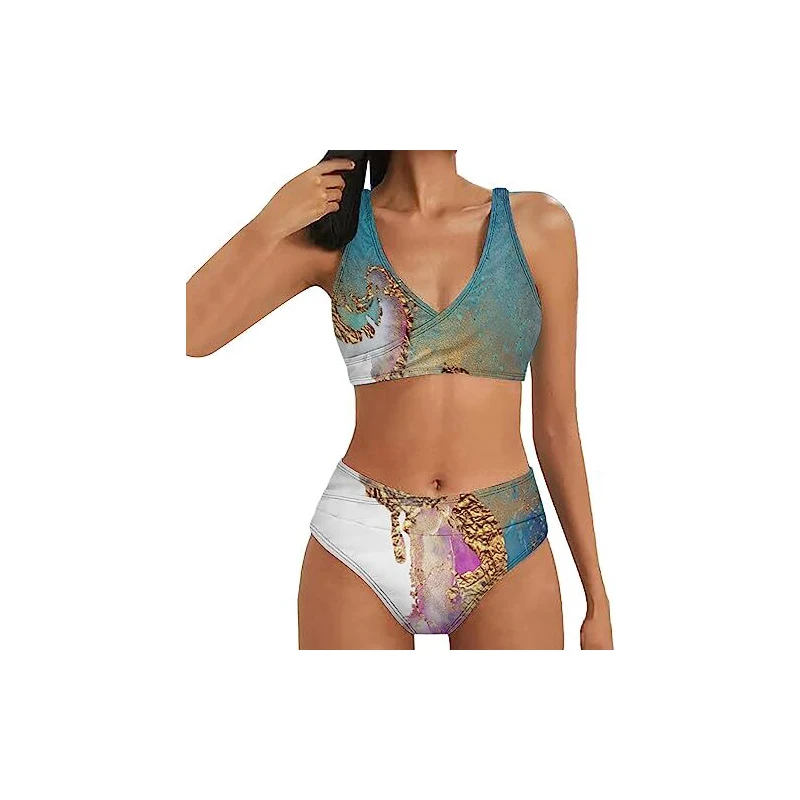 Bikini Donna Vita Alta Metallizzato Lucido, Set Triangolo Con Laccetti, Azzurro Chiaro, Taglia XS, Perfetto Per L'Estate