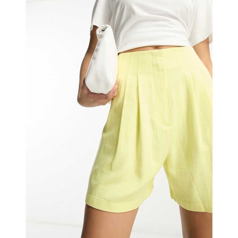 ASOS DESIGN - Pantaloncini in misto lino color limone pallido con cuciture in vita-Giallo