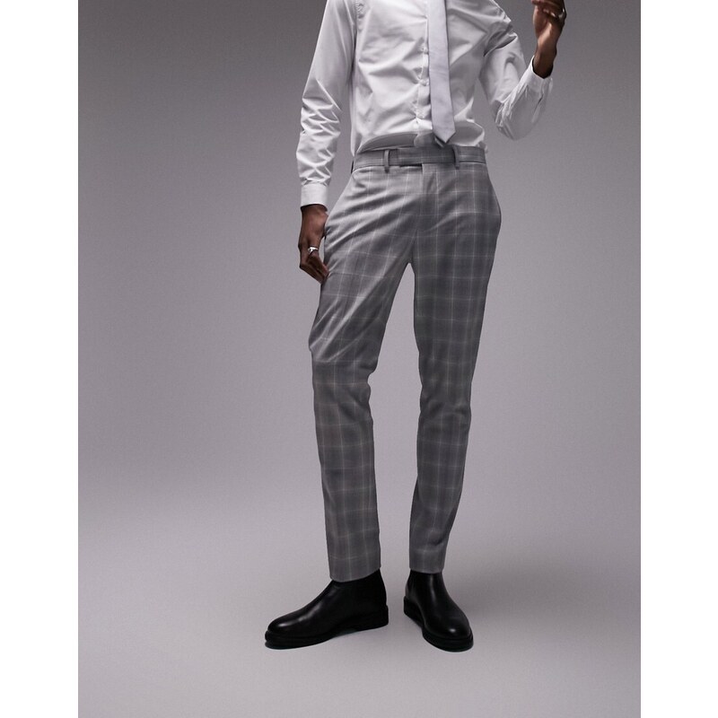 Topman - Pantaloni da abito slim grigi in tessuto a quadri-Grigio