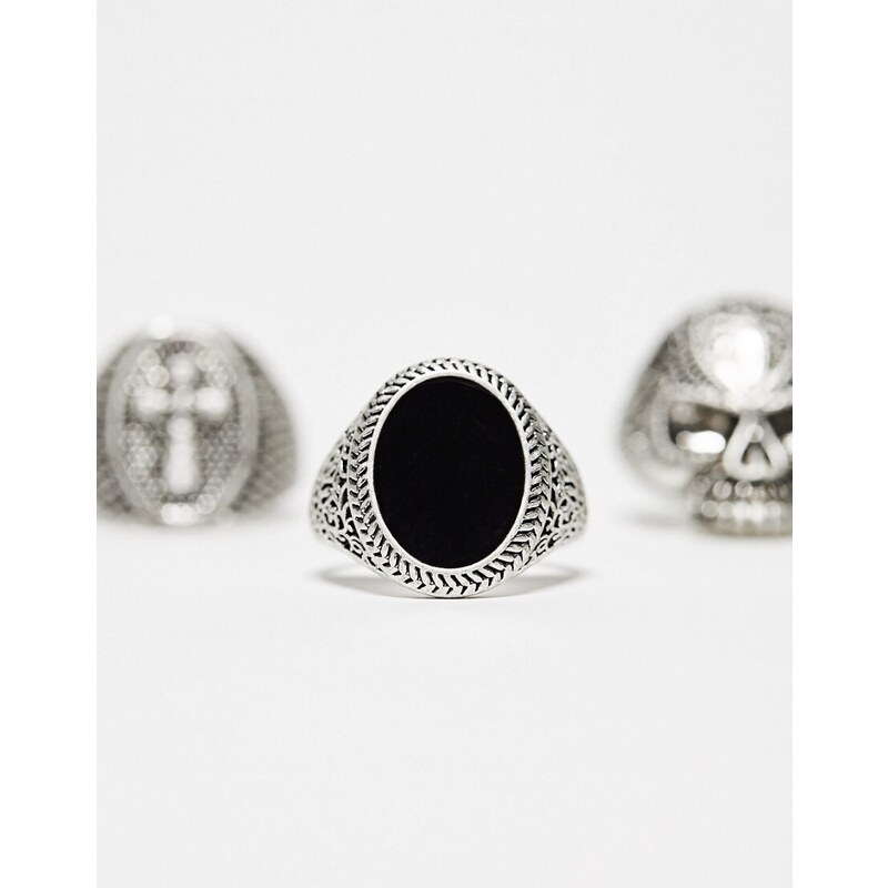 ASOS DESIGN - Confezione da 3 anelli color argento brunito con design con teschio, croce e sigillo in smalto nero