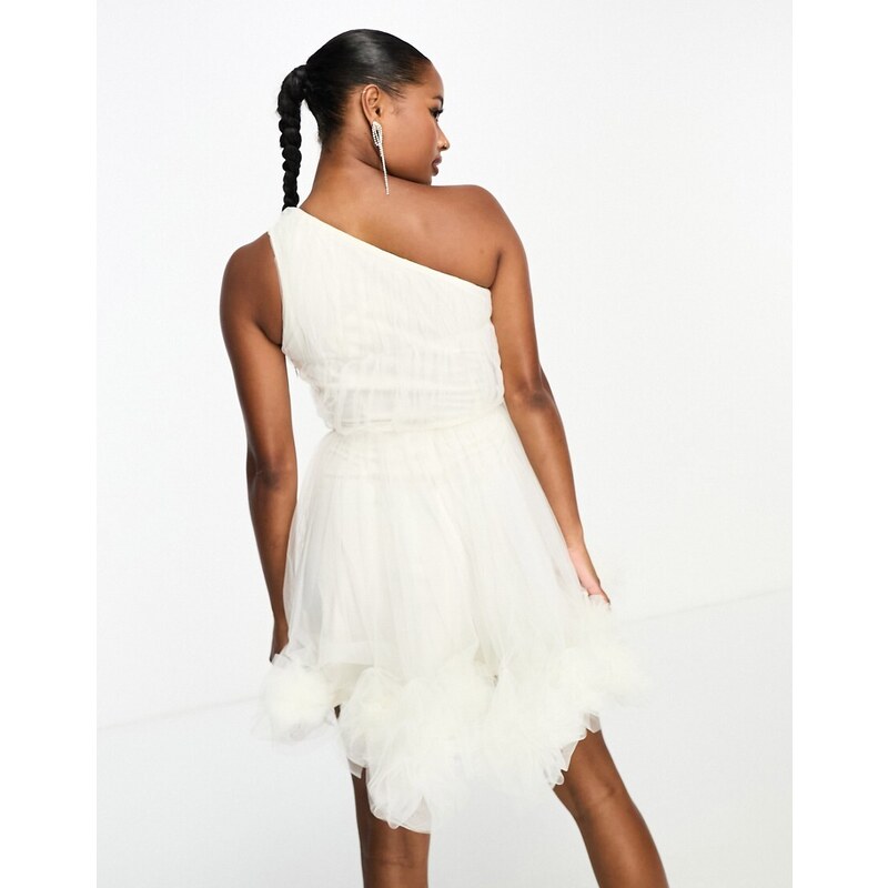 Esclusiva Lace & Beads Petite - Vestito corto monospalla in tulle avorio con volant sul fondo-Bianco