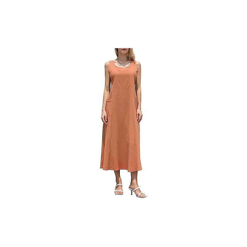 OMZIN Abito Donna In Lino A Tunica – Vestito Midi Al Ginocchio Con Collo Rotondo E Tasche – Stile Retrò