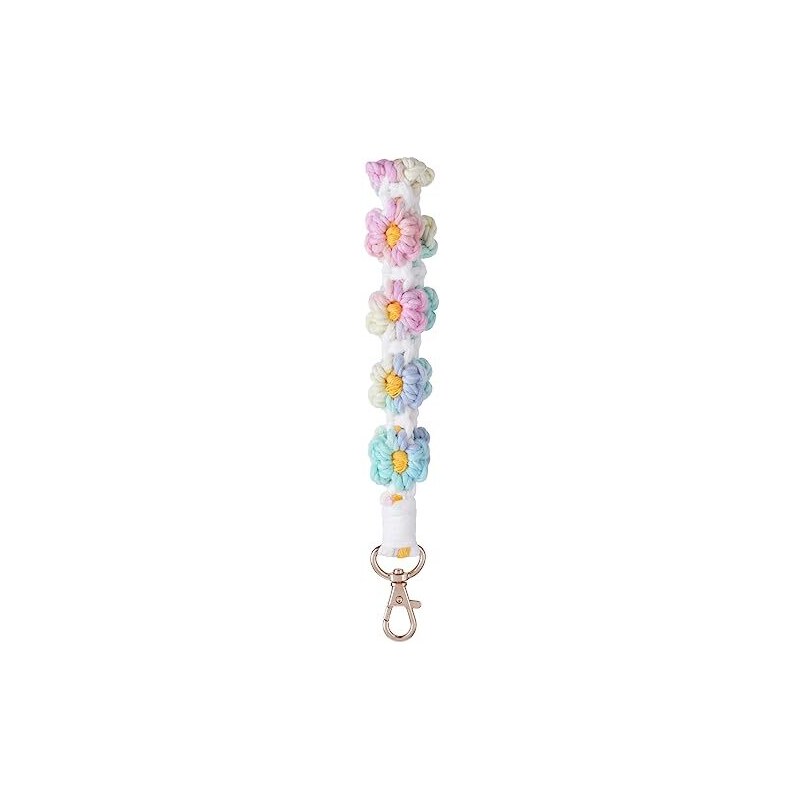 Winmany Portachiavi da polso macramè Daisy Weave Bracciale portachiavi fatto a mano cordino da polso Boho corda portachiavi porta telefono per donne ragazza, bianco e rosa., 15 cm