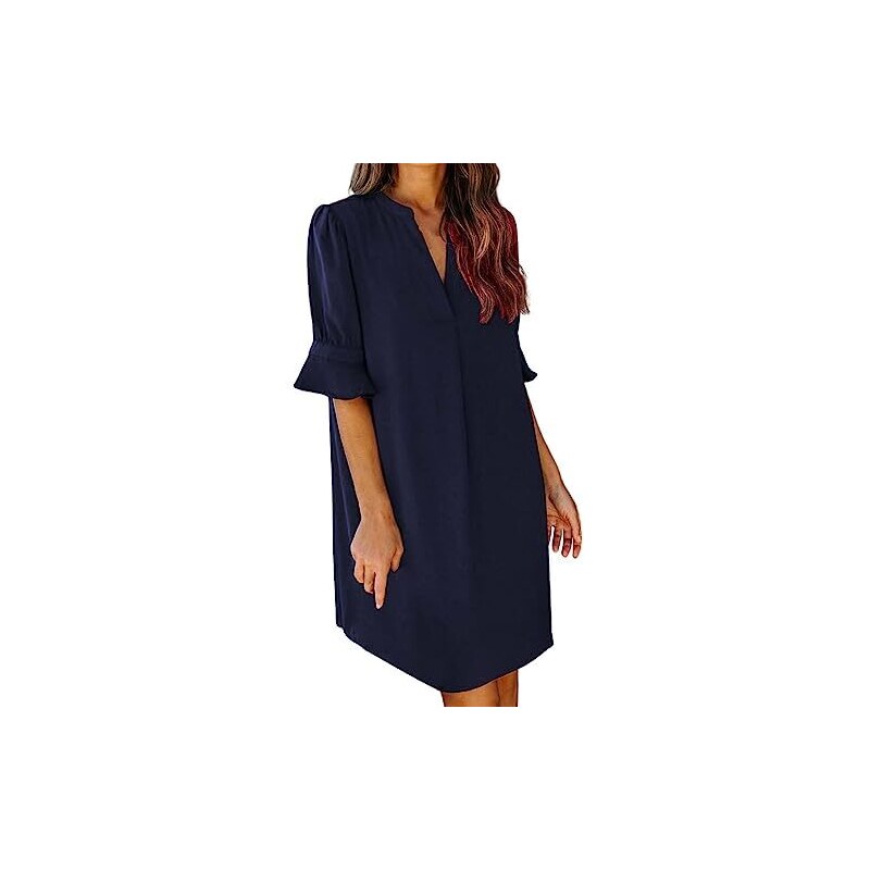 Abito estivo da donna, casual, scollo a V, con volant, senza maniche, linea ad A, da spiaggia, da donna, 34, Blu, XL