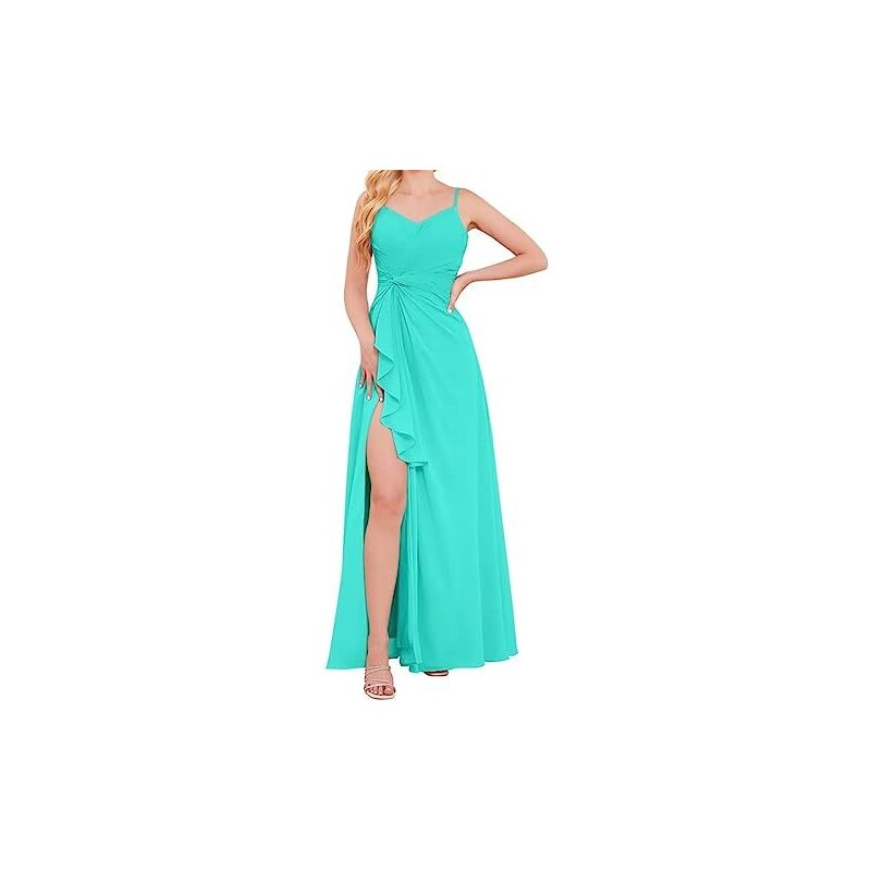 Abito Lungo Da Damigella D'onore In Chiffon – Scollo A V, Spacco, Maniche Corte, Tasche – Personalizzabile – C077 WSEYU