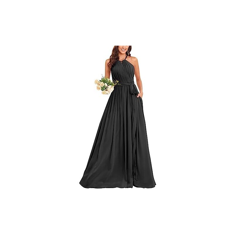 YIANN Abiti da damigella d'onore lunghi con scollo a V con fessura chiffon una linea pieghettata abiti da ballo con tasche YIA020, Nero , 42