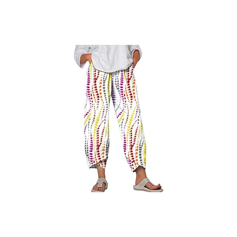 Pantaloni estivi da donna in lino, a gamba larga, in cotone e lino, elasticizzati, a vita alta, per il tempo libero, lunghi e leggeri, pantaloni bohémien, comodi pantaloni in tessuto con tasche
