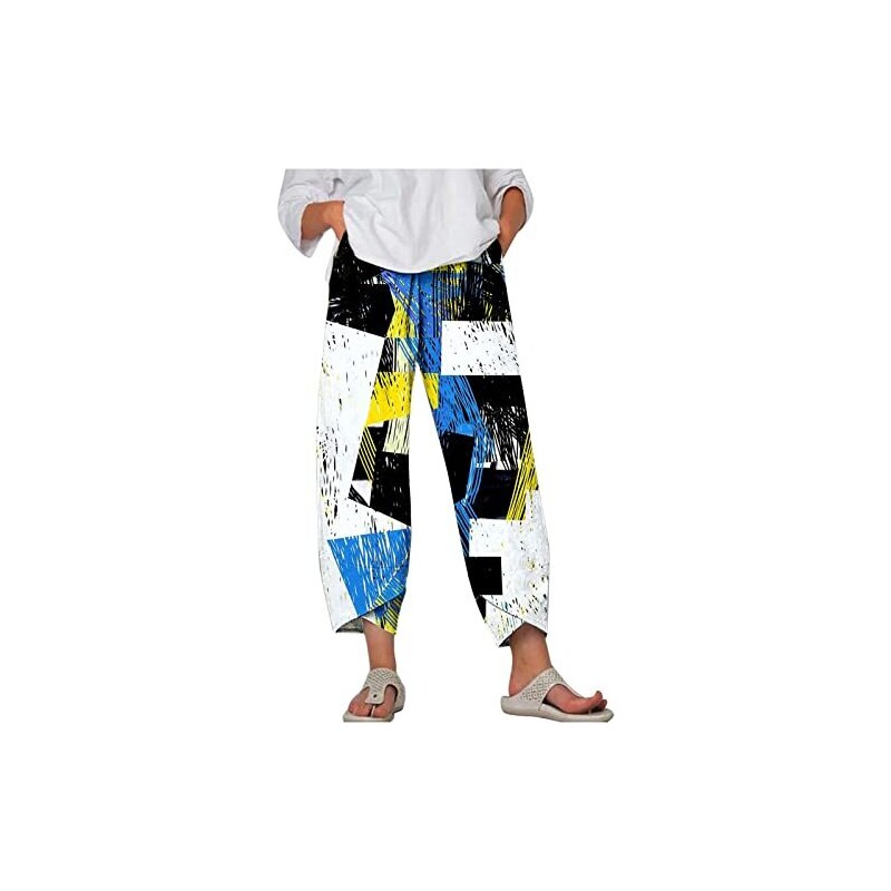 Pantaloni in lino, da donna, in cotone, a gamba larga, estivi, alla moda, a vita alta, per il tempo libero, elasticizzati, casual, comodi, da spiaggia, da streetwear, pantaloni lunghi estivi con