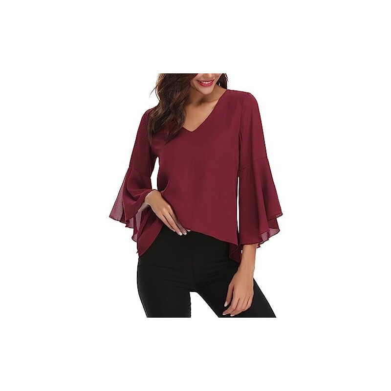 Gyabnw Camicetta Donna Casual in Chiffon Estiva Camicia Elegante  Traspirante di 3/4 Manica a Volant Scollo a V Blusa Leggero Classiaca  bordò, S : : Moda