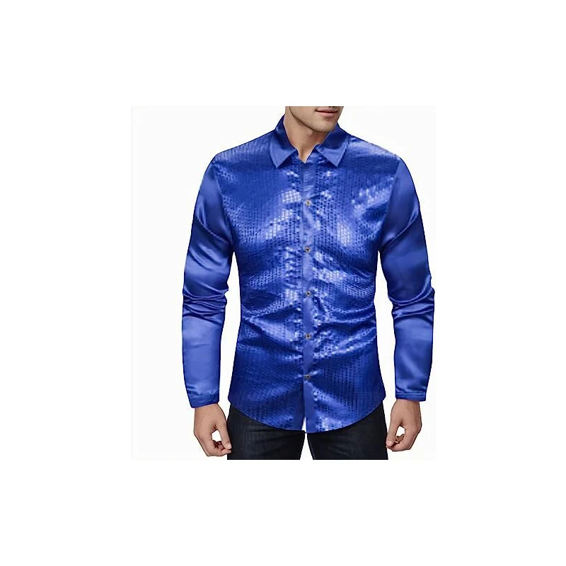 JOGAL Camicia Uomo Con Paillettes Blu Reale E Argento, Maniche Lunghe, Vestibilità Slim, Stile Anni '70 Per Discoteca E Feste