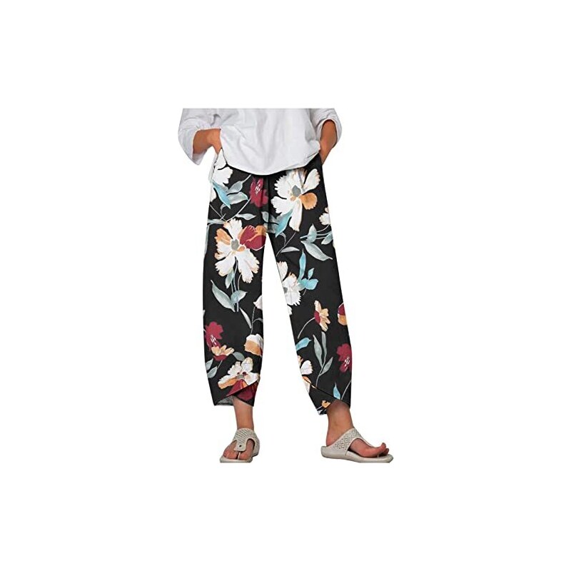 Masrin Pantaloni estivi leggeri, da donna, in cotone e lino, lunghi