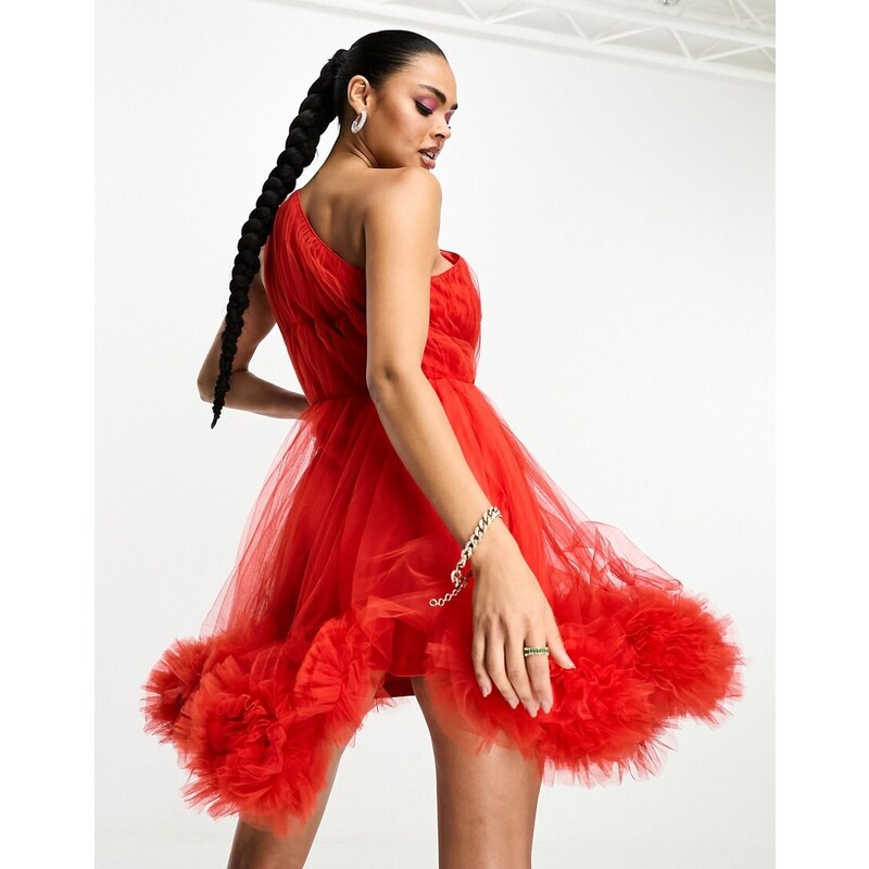Esclusiva Lace & Beads - Vestito corto monospalla in tulle rosso con volant sul fondo