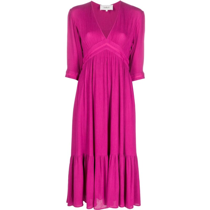 Abito Midi Ba&amp;sh Rosso Con Fiori E Righe Metallizzate &ndash; Manica 3/4, Volant, Bottoni &ndash; Taglia S