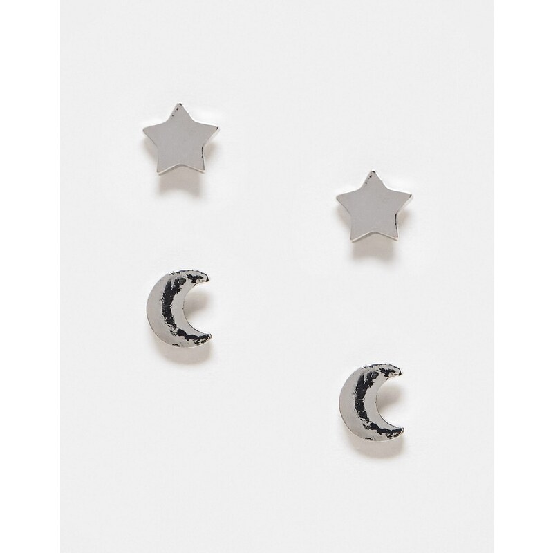 Jack & Jones - Confezione da 2 paia di orecchini a bottone effetto argento con stella e luna