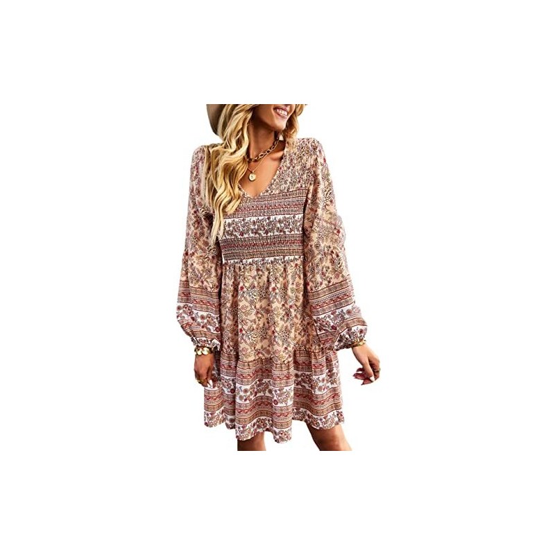 Floerns Abito Donna Boho Floreale Midi | Maniche Corte Scollo Rotondo | Perfetto Per Vacanze E Spiaggia