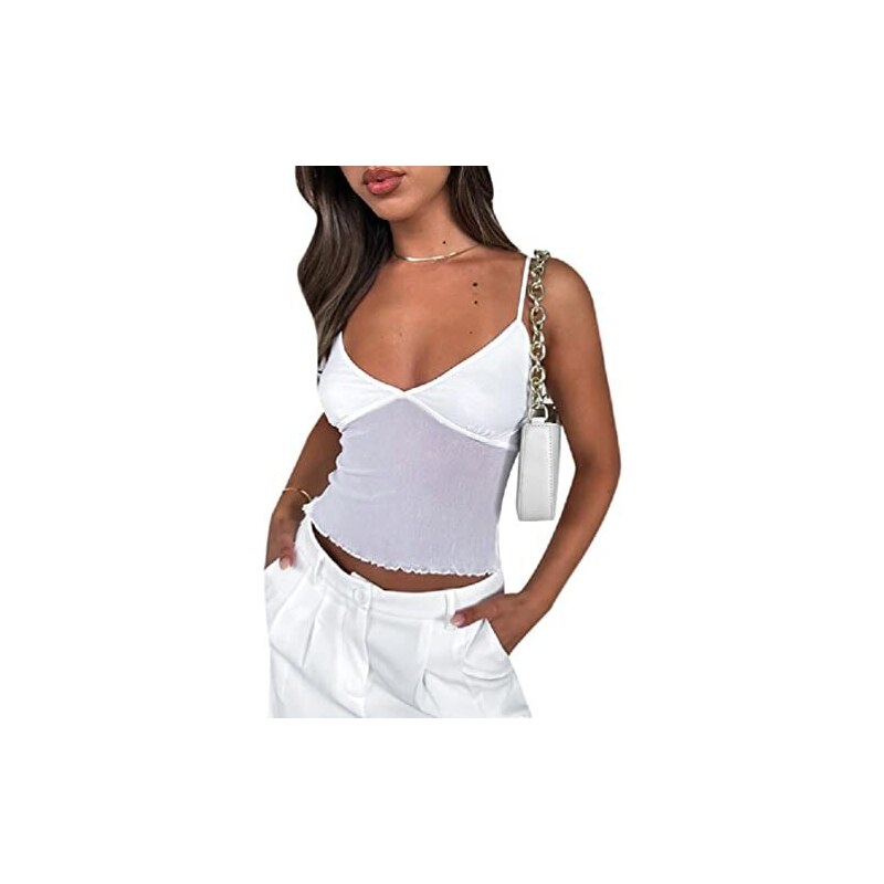 Canotta corta donna estiva in in rete, effetto arricciato, a Canotta corta donna estiva in in rete, effetto arricciato, a