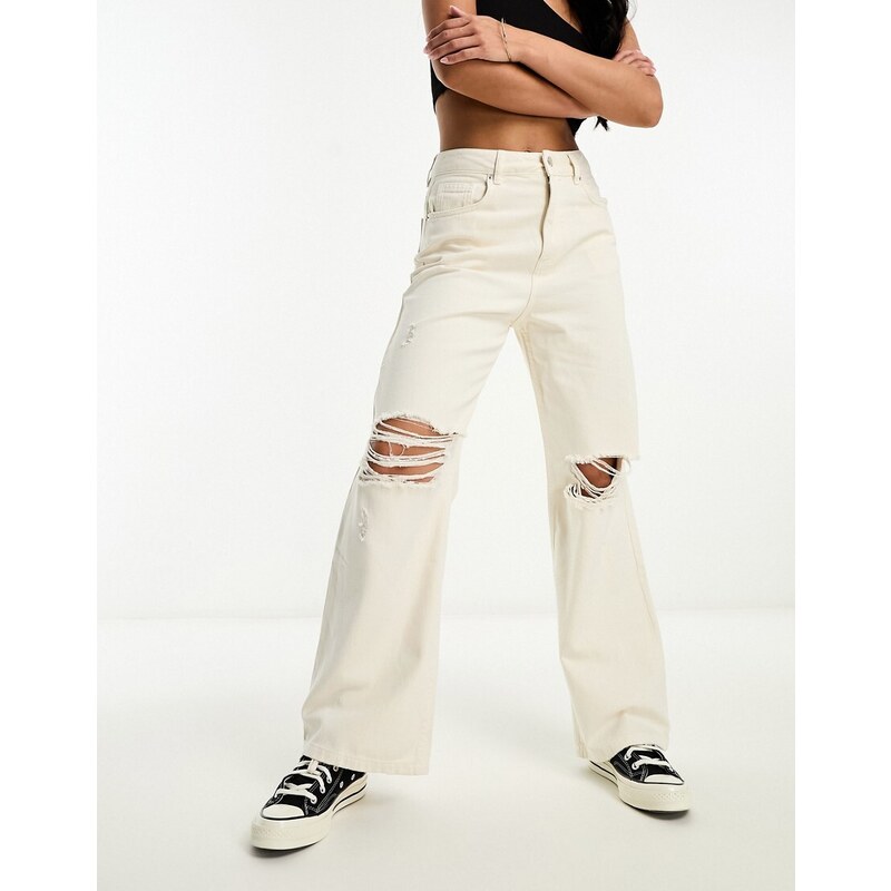 Miss Selfridge - Jeans larghi écru con strappi sulle ginocchia-Bianco