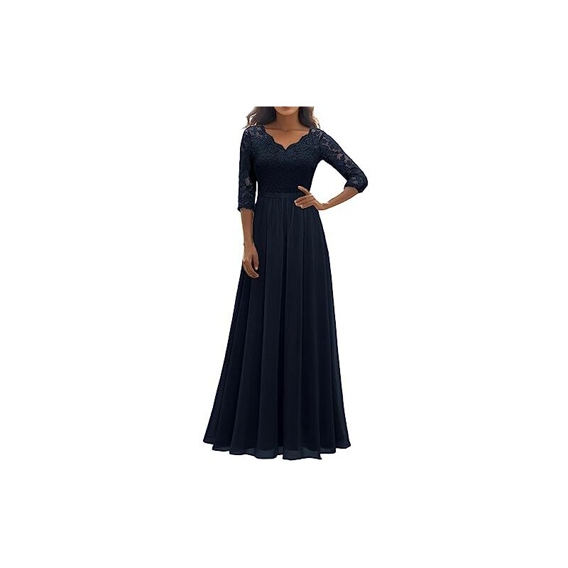 Abito Lungo Da Sera In Chiffon E Pizzo - Scollato, Con Cerniera, Per Occasioni Formali (Nero, Taglia Unica) - Foto 2