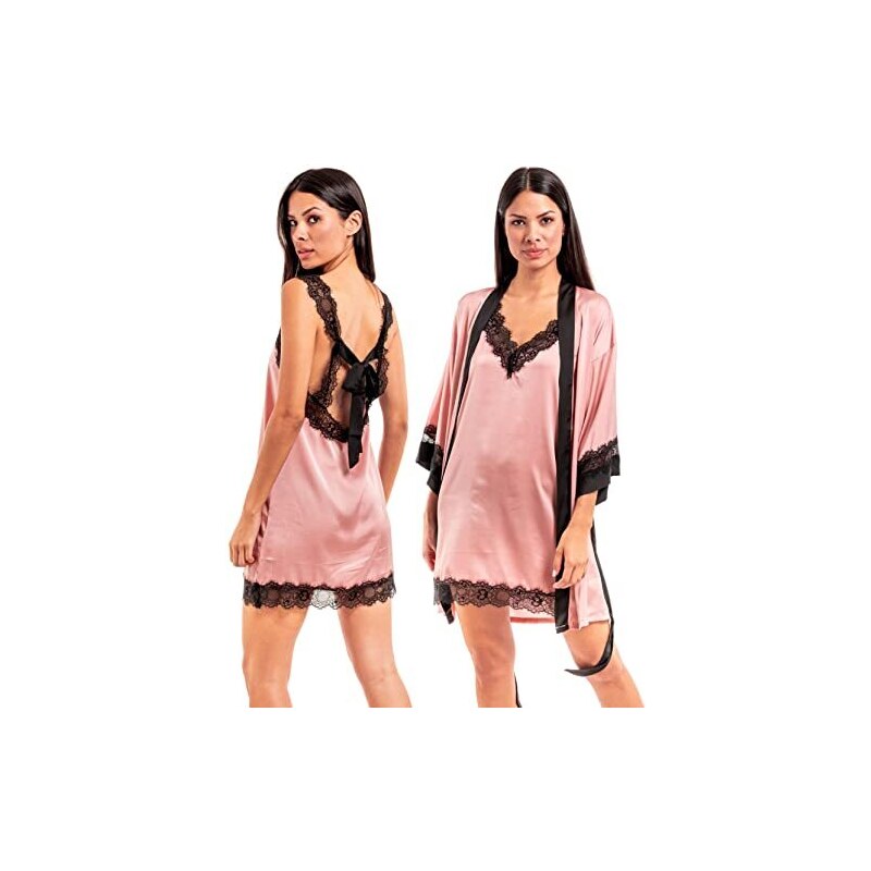 LYANER Pigiama Donna In Raso Di Seta 7 Pezzi – Canotta, Camicia, Pantaloni, Pantaloncini, Maschera E Custodia, Taglia S, Nero - 2