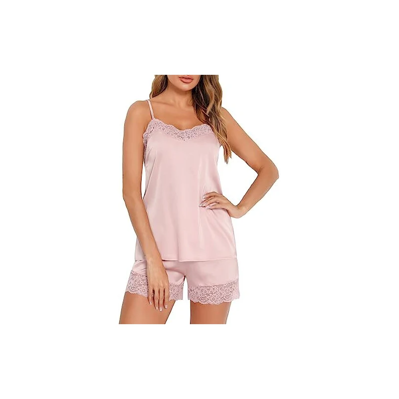 Pigiama In Raso Donna 2 Pezzi - Set Corto Estivo Con Bottoni, Maniche Corte E Pantaloncini - Foto 10