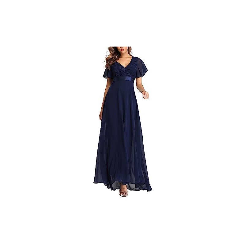 Abito Lungo Donna In Chiffon Con Scollo A V E Maniche Lunghe, Morbido E Plissettato, Vestibilità Comoda, Taglie Uniche