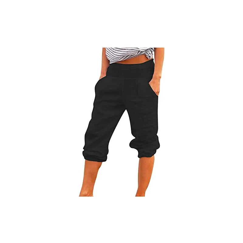 Showneric Pantaloni Donna In Cotone E Lino, Vita Alta Con Elastico E Tasche, Colore Tinta Unita, Leggeri E Larghe Comode, Taglia EU