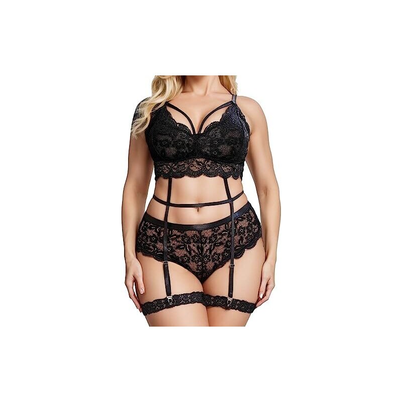 QQQQC Abbigliamento Erotico Slip Da Donna In Pizzo Trasparente Con Giarrettiera Lingerie Sexy Sleepwear 3PCS-Purple_XL - Foto 11