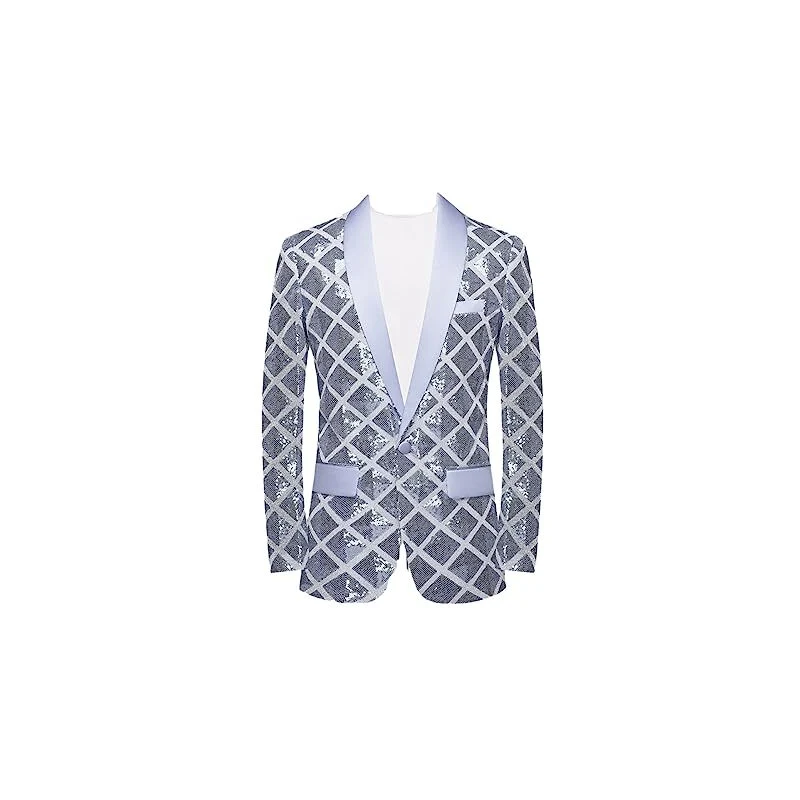 Shiyiwen Blazer da uomo con glitter blu e paillettes, collo sciallato
