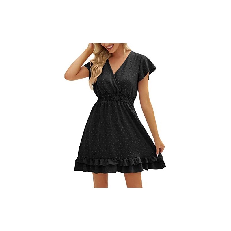 FYMNSI Women's 2023 Estate Volant Abito Chiffon Manica Corta Scollo A V Punto Svizzero Mini Abito Corto Solido Spiaggia Nero Xxl 120942940