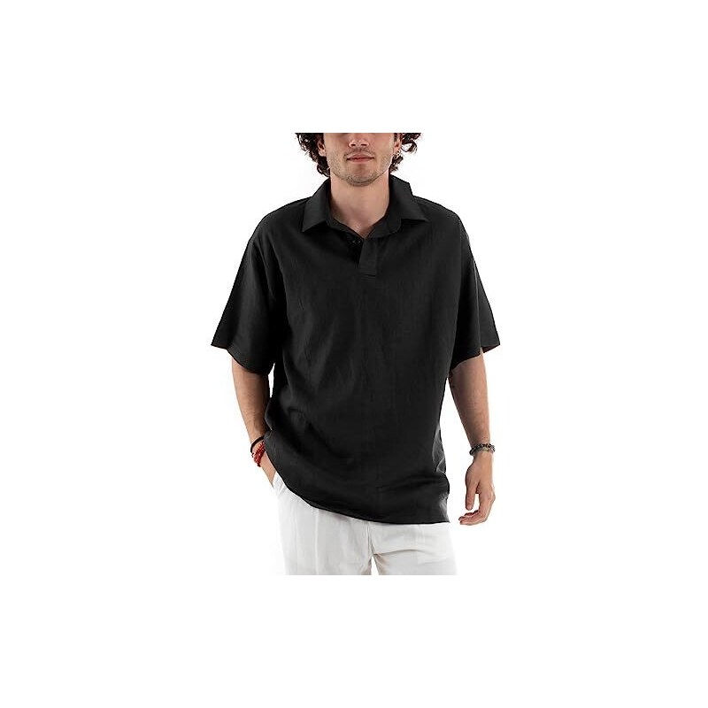 Camicia Uomo Manica Corta Pieghettata Nera M - Elegante Con Tasche, Stile Casual Chic