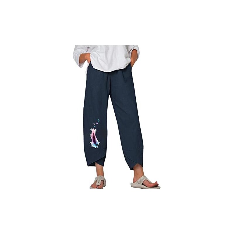 Generico Donna Pantaloni 3/4 Estivi Casual Cotone e Lino Lunghi Larghi con Gamba Dritta Elastica con Coulisse Elegante Tinta Unita Pants con Tasche