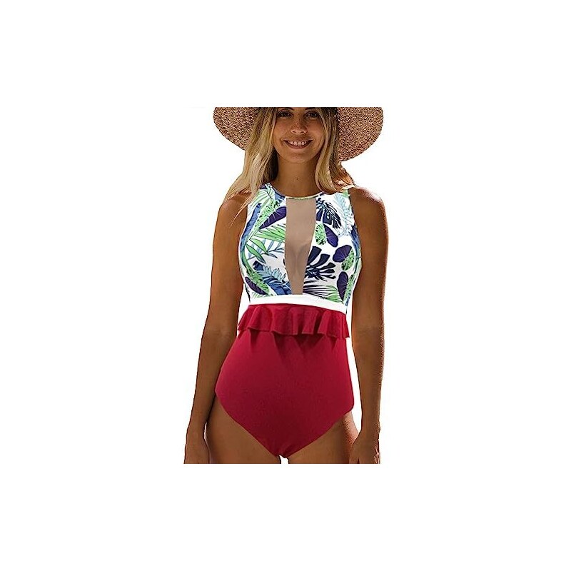Costume Intero Donna Push Up Con Controllo Pancia - Monokini Vita Alta Con Volant - Foto 6