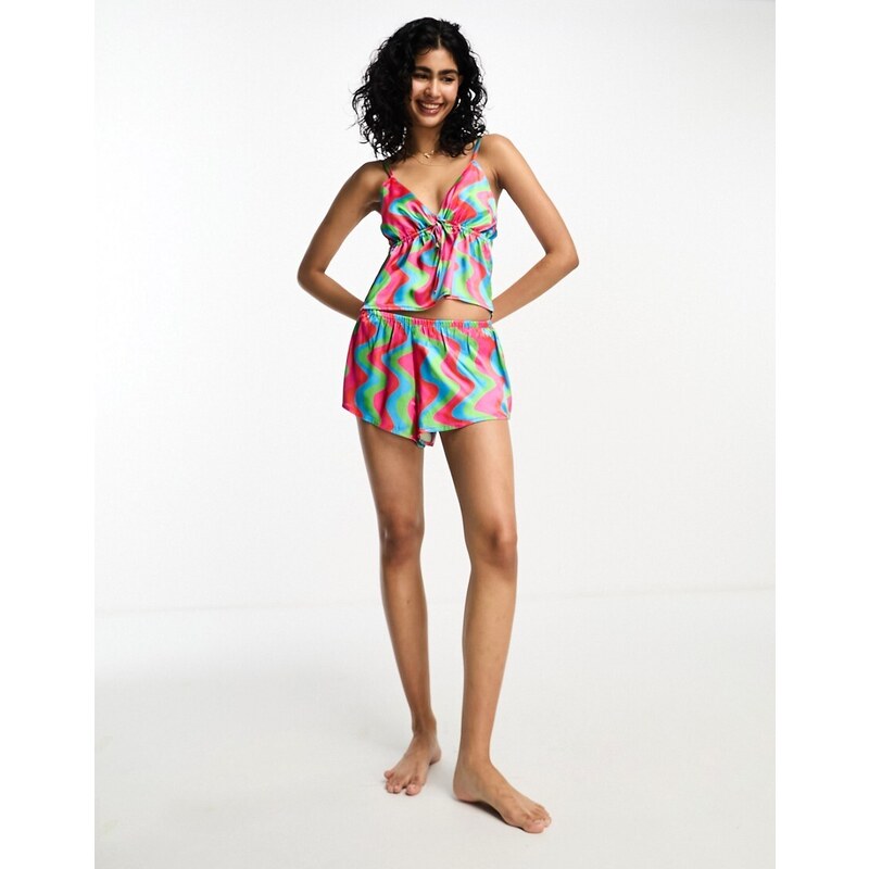Luna - Completo pigiama con camicia e pantaloncini in raso con stampa astratta a zig zag-Multicolore