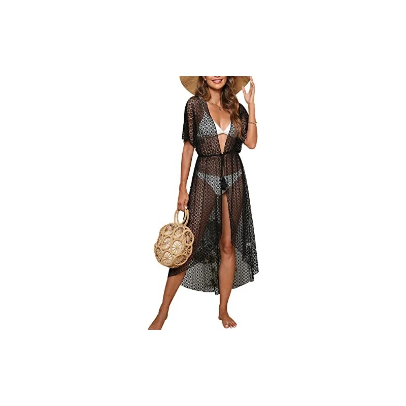 Copricostume Donna Mare Kimono Lungo In Pizzo – Copribikini Spiaggia Con Frange, Taglie S-XXL